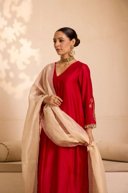 Red Chanderi Kurta Set with Tissue Dupatta