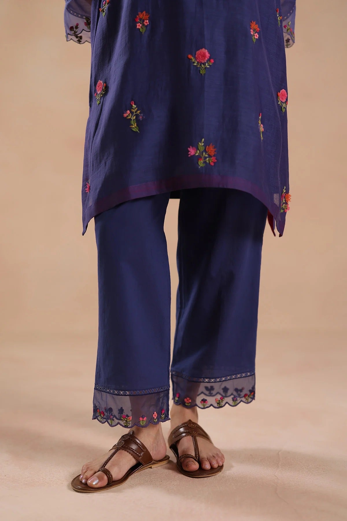 mehrunnisa royal purple chanderi silk floral embroidered kurta pant set for women