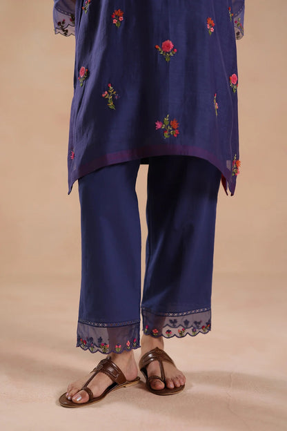 Mehrunnisa Royal Purple Chanderi Silk Floral Embroidered Kurta Pant Set for Women