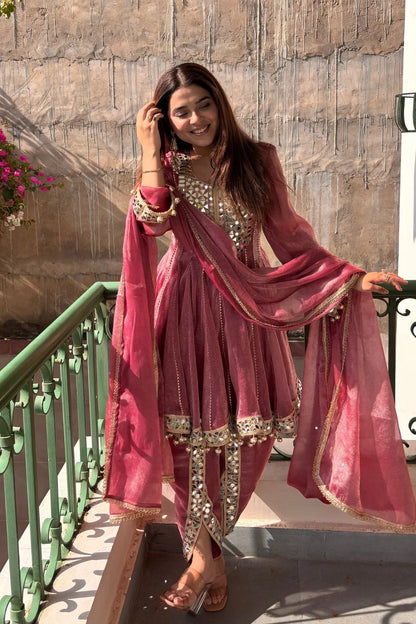 Luxury Dusty Rose Mirror Work with Organza Dupatta Set