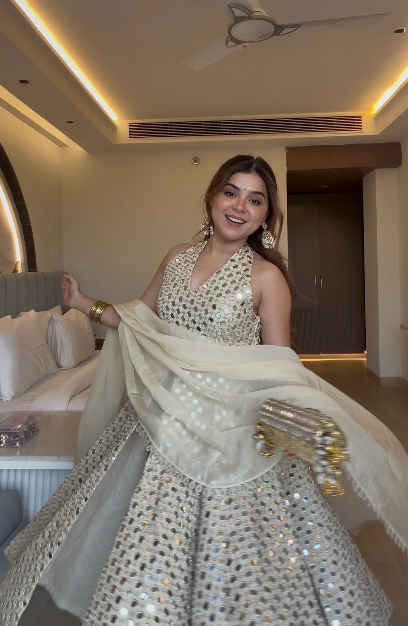 ivory mirror work anarkali set with dupatta