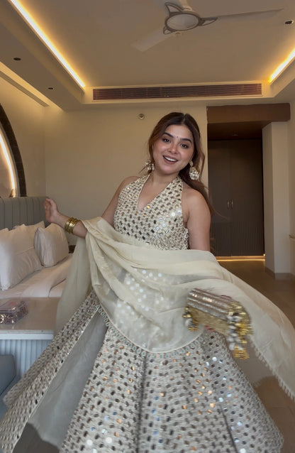 Ivory Mirror Work Anarkali Set with Dupatta