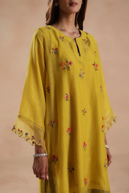 Gulbahar Mustard Yellow Chanderi Silk Floral Embroidered Kurta Pant Set