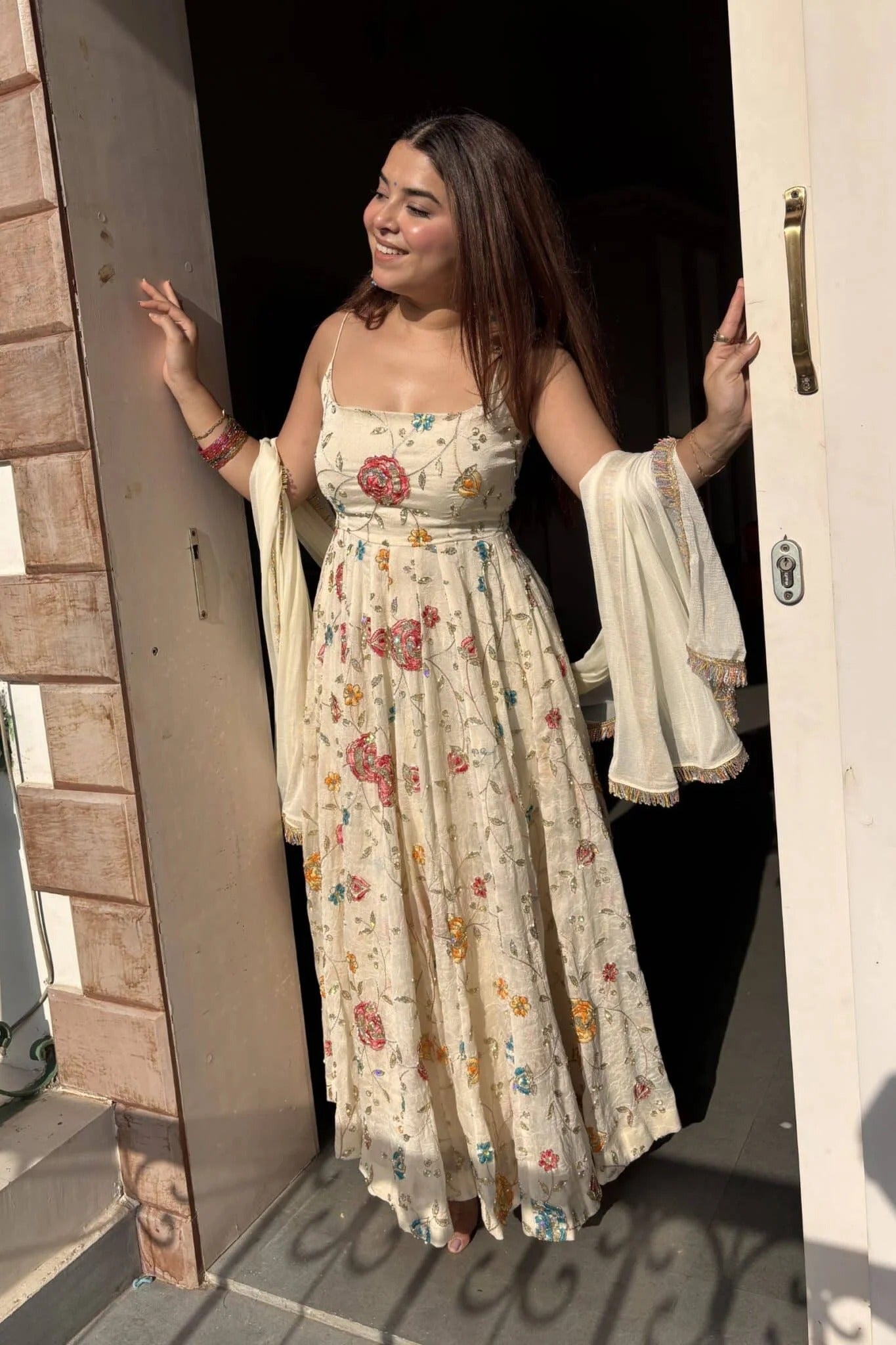 ivory floral embroidered anarkali gown set with dupatta for women