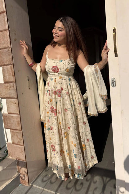 Ivory Floral Embroidered Anarkali Gown Set with Dupatta for Women