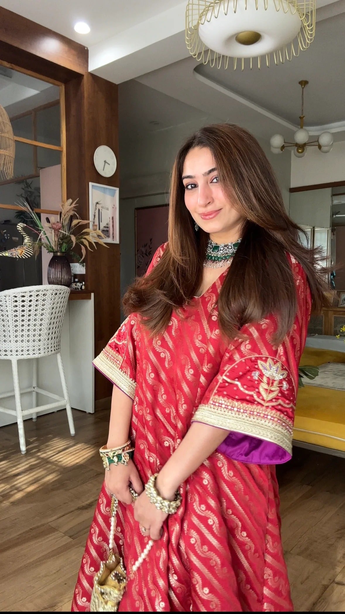 elegant red jacquard muslin handwork kurta set for women