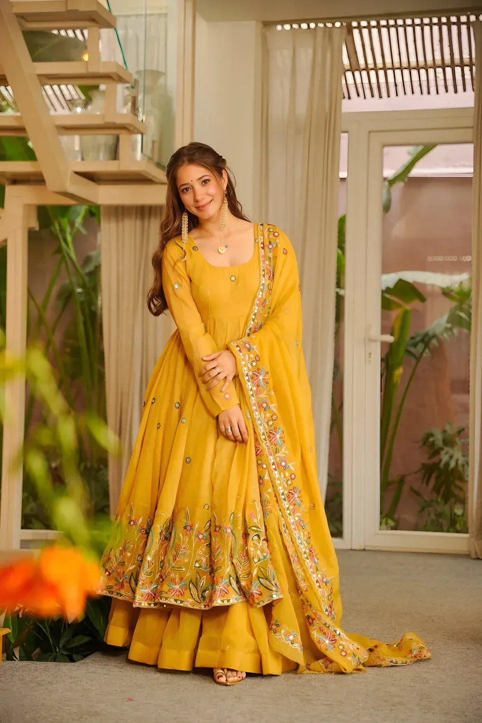 minaxi's festive special yellow flared anarkali suit set