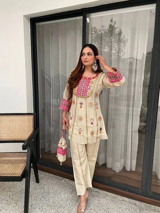 beige embroidered co-ord set with mirror work