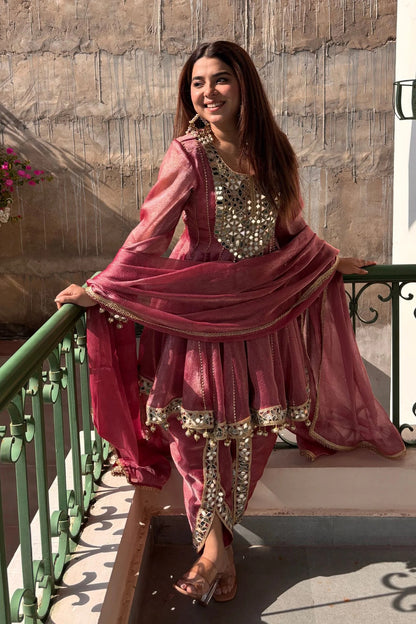 Luxury Dusty Rose Mirror Work with Organza Dupatta Set
