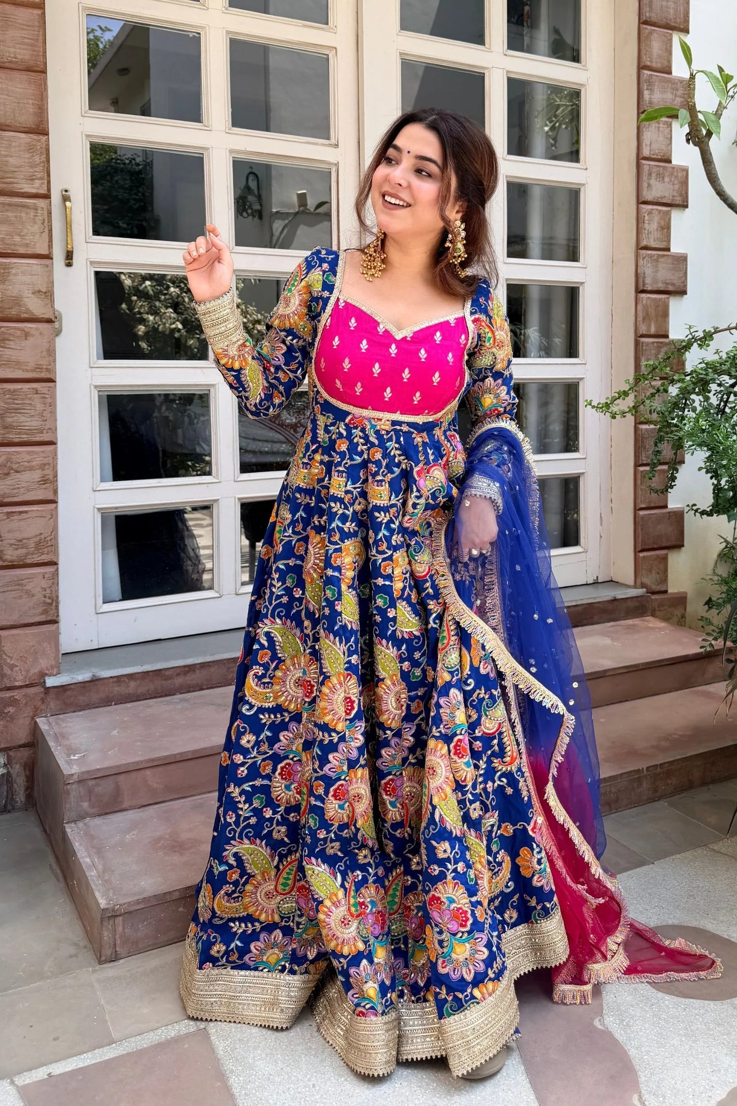 designer blue & pink festive anarkali gown with dupatta