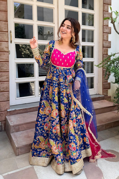 Designer Blue & Pink Festive Anarkali Gown with Dupatta