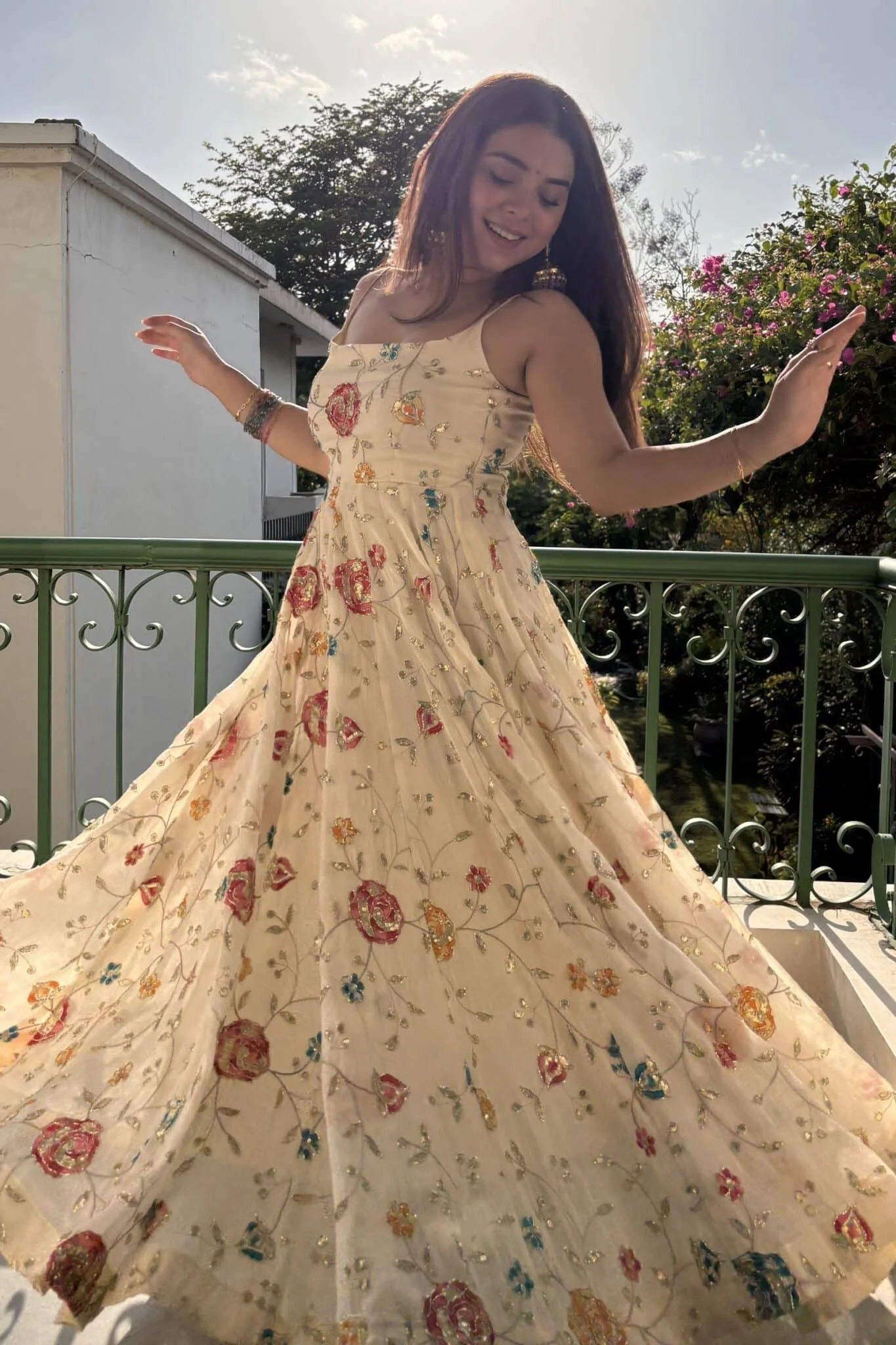ivory floral embroidered anarkali gown set with dupatta for women