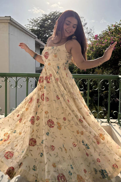 Ivory Floral Embroidered Anarkali Gown Set with Dupatta for Women