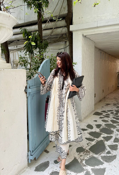 Gul-e-Khaas Black and White Cotton Suit Set with Dupatta
