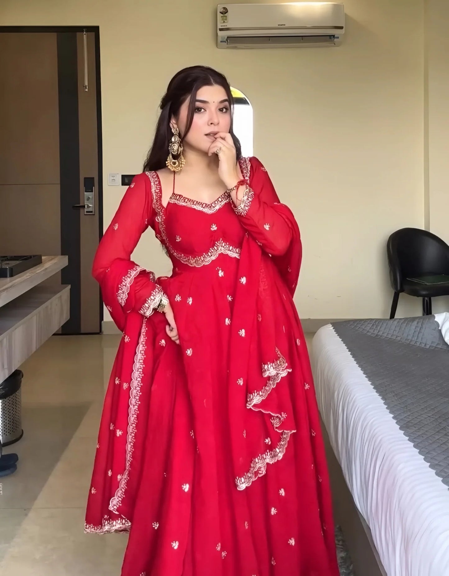 classic red karva chauth special anarkali suit set