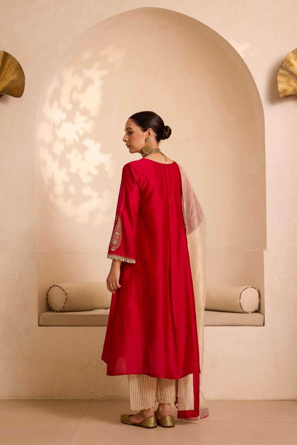 red chanderi kurta set with tissue dupatta