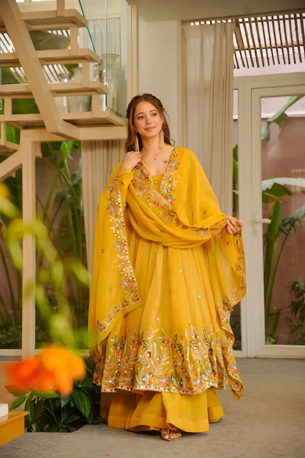 minaxi's festive special yellow flared anarkali suit set