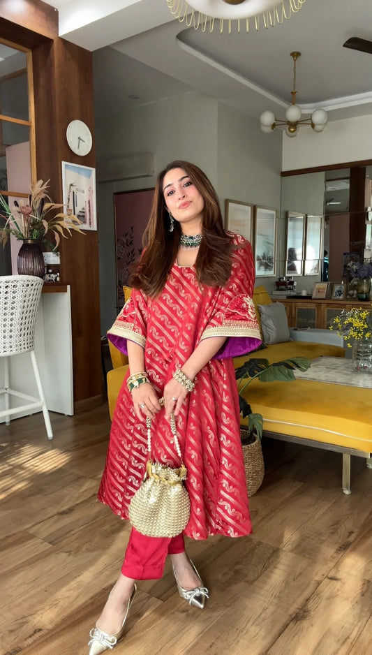 Elegant Red Jacquard Muslin Handwork Kurta Set for Women