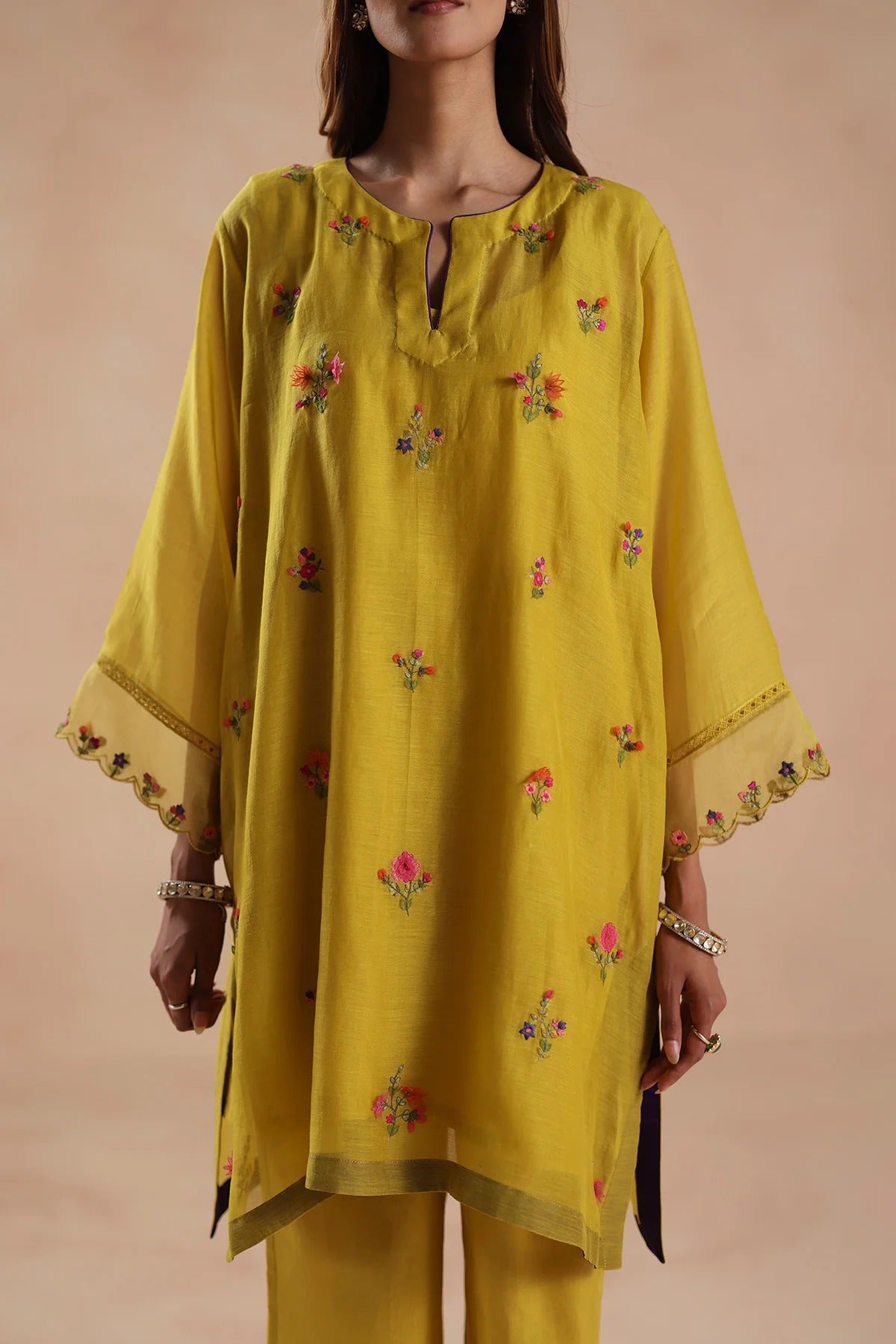 gulbahar mustard yellow chanderi silk floral embroidered kurta pant set