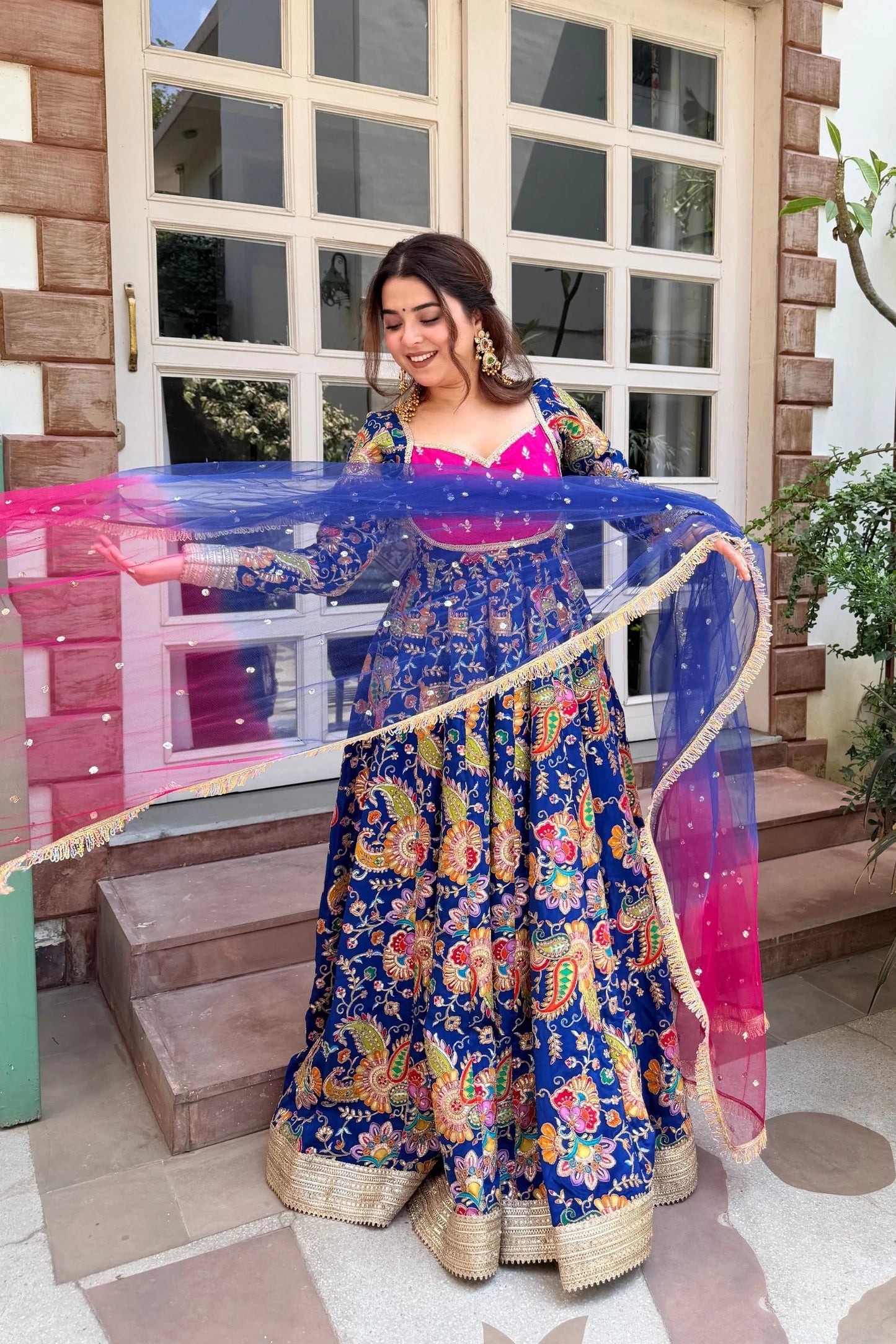 designer blue & pink festive anarkali gown with dupatta