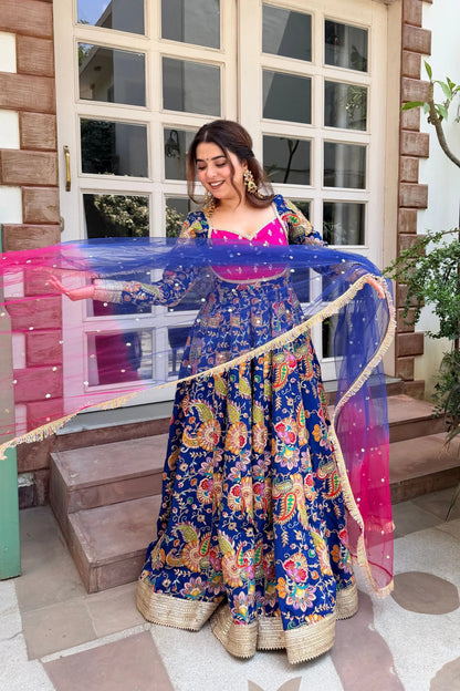 Designer Blue & Pink Festive Anarkali Gown with Dupatta