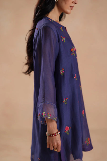 Mehrunnisa Royal Purple Chanderi Silk Floral Embroidered Kurta Pant Set for Women