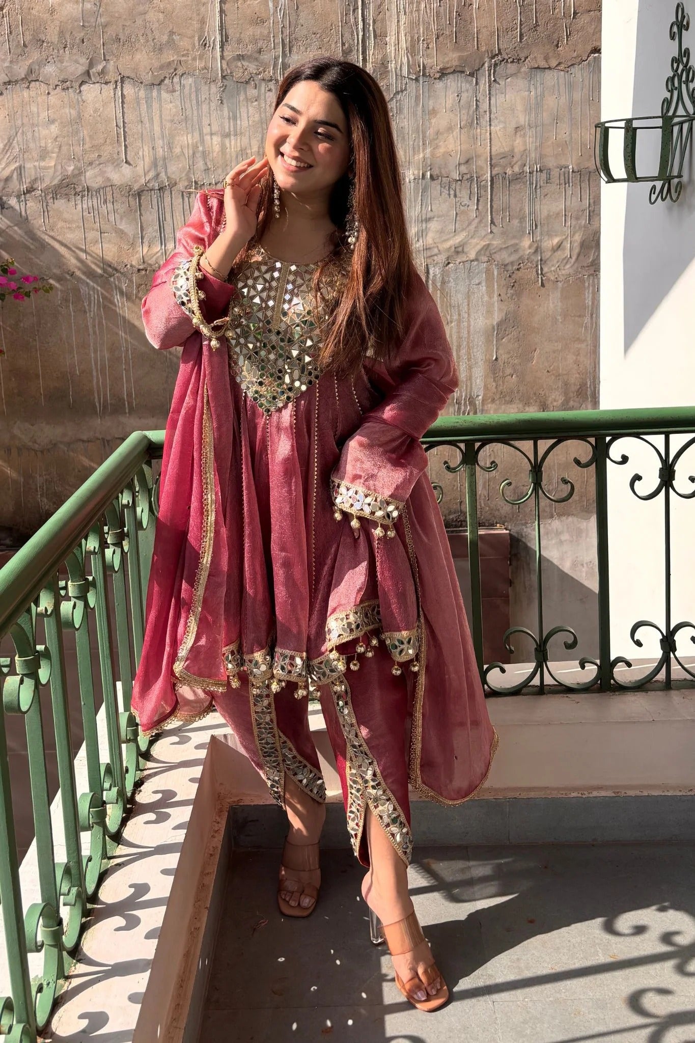 luxury dusty rose mirror work with organza dupatta set