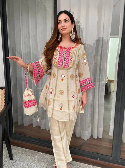 Beige Embroidered Co-ord Set with Mirror Work