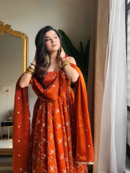 Burnt Orange Embroidered Anarkali Suit Set with Dupatta