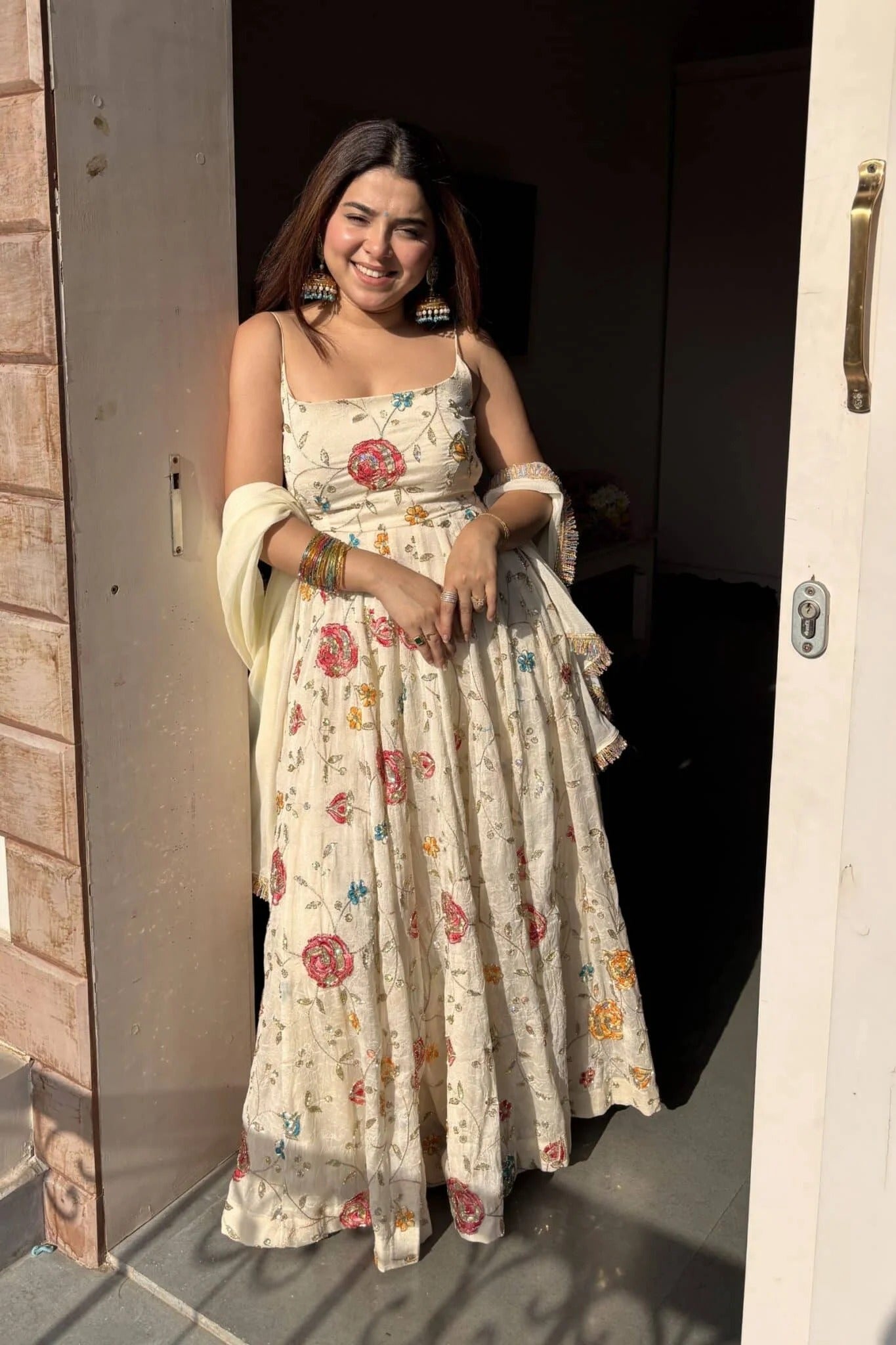 ivory floral embroidered anarkali gown set with dupatta for women
