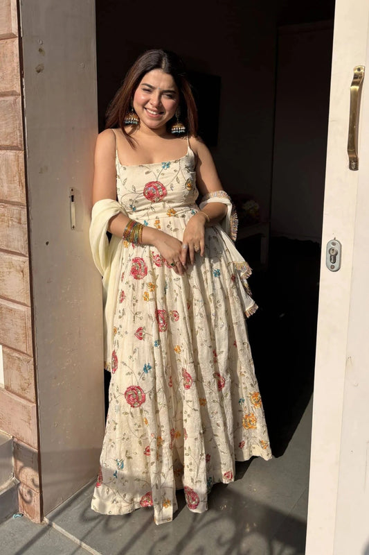 Ivory Floral Embroidered Anarkali Gown Set with Dupatta for Women