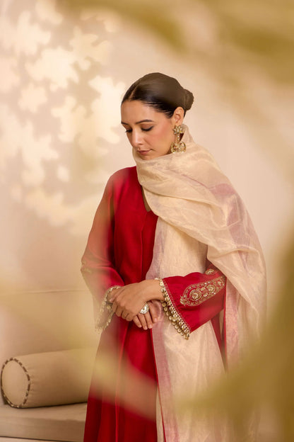 Red Chanderi Kurta Set with Tissue Dupatta