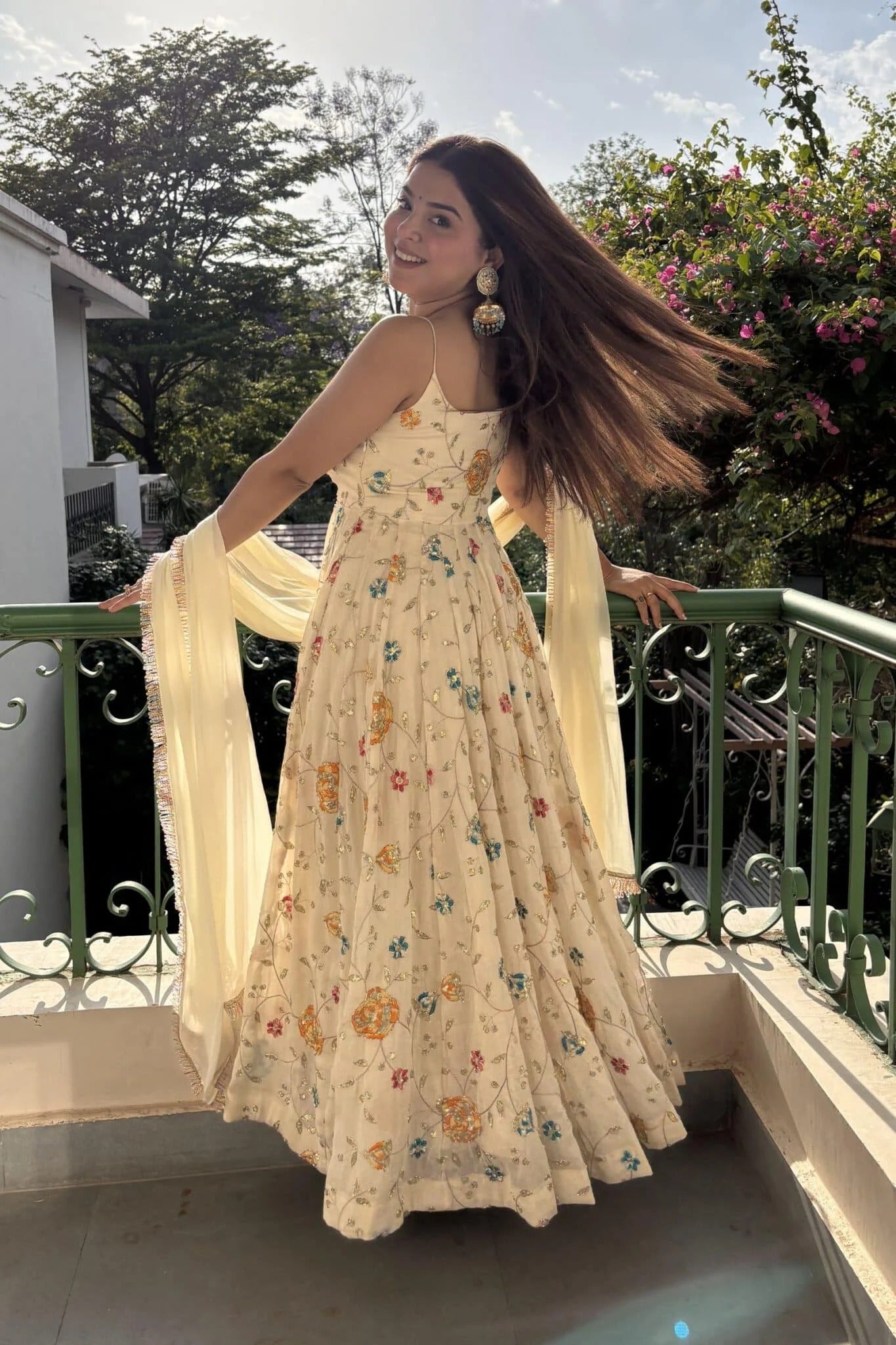 ivory floral embroidered anarkali gown set with dupatta for women