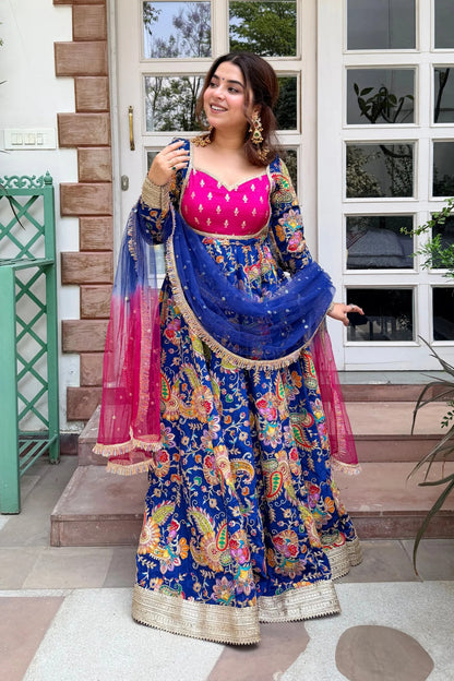Designer Blue & Pink Festive Anarkali Gown with Dupatta