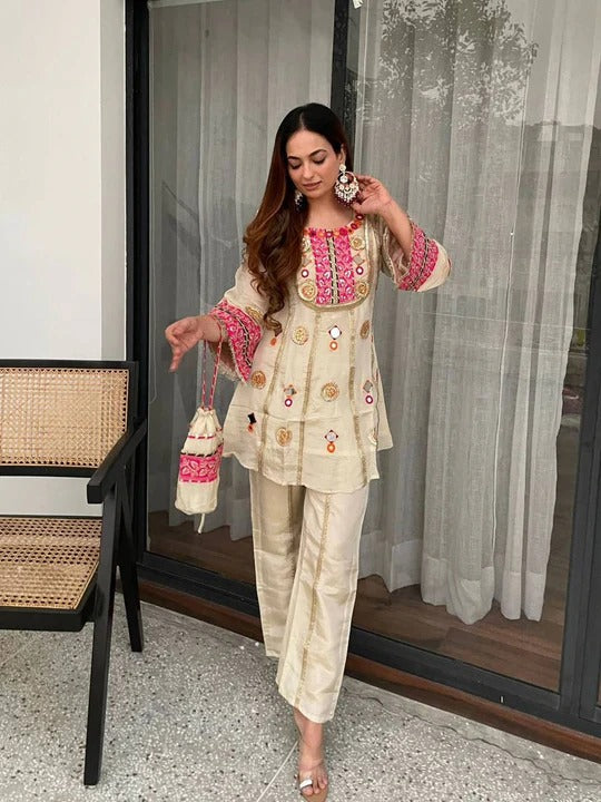 beige embroidered co-ord set with mirror work