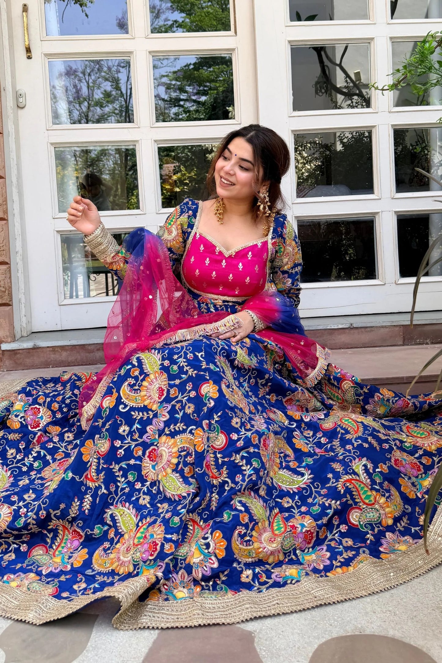 designer blue & pink festive anarkali gown with dupatta