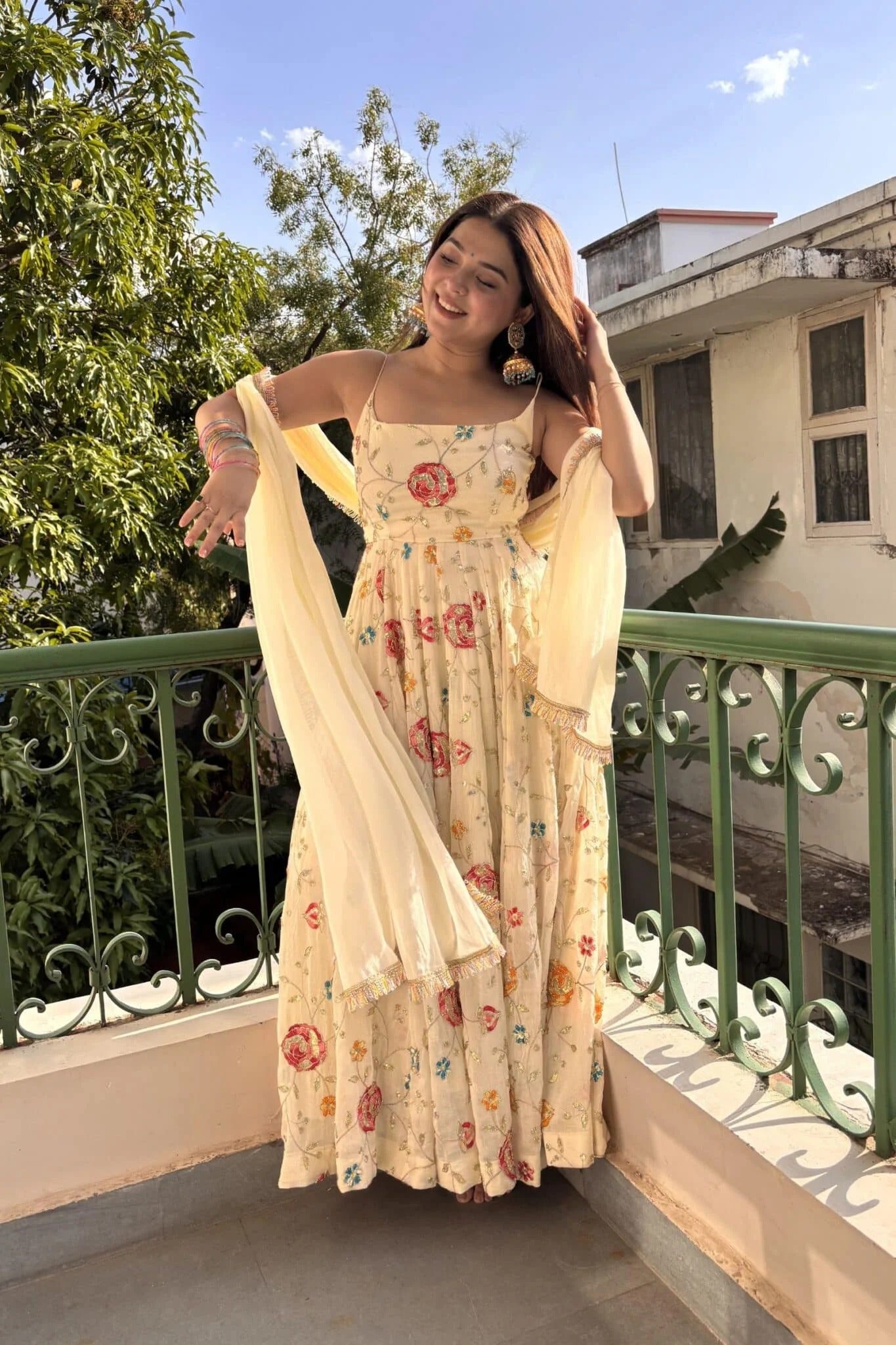 ivory floral embroidered anarkali gown set with dupatta for women