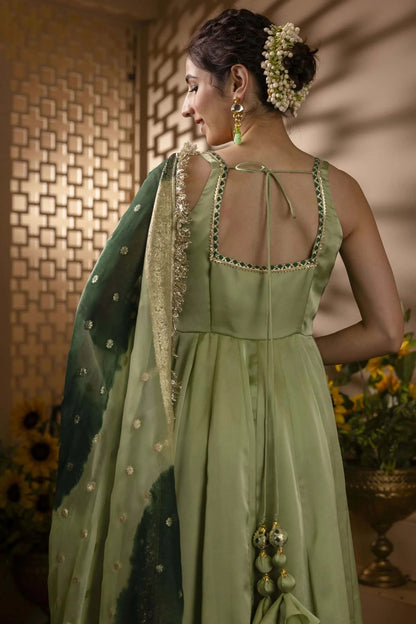 Pastel Green Flared Anarkali with Designer Net Dupatta
