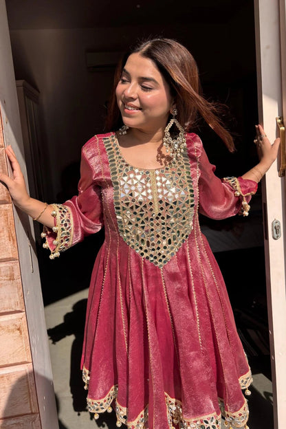 Luxury Dusty Rose Mirror Work with Organza Dupatta Set