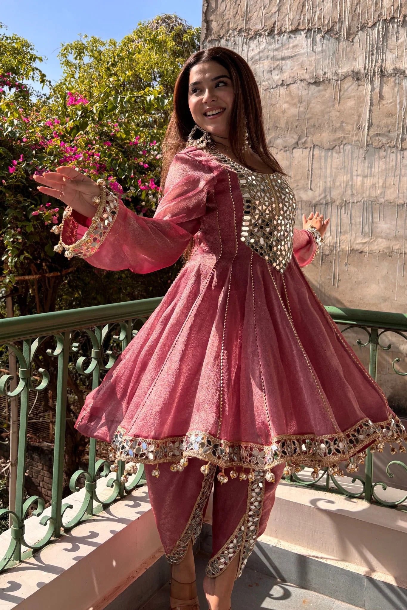 luxury dusty rose mirror work with organza dupatta set