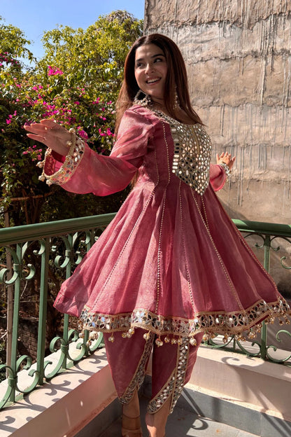 Luxury Dusty Rose Mirror Work with Organza Dupatta Set