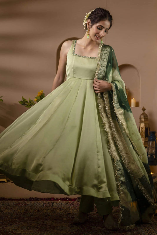 Pastel Green Flared Anarkali with Designer Net Dupatta
