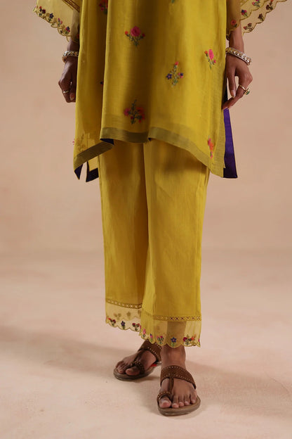 Gulbahar Mustard Yellow Chanderi Silk Floral Embroidered Kurta Pant Set