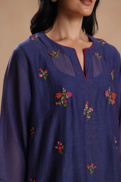 Mehrunnisa Royal Purple Chanderi Silk Floral Embroidered Kurta Pant Set for Women