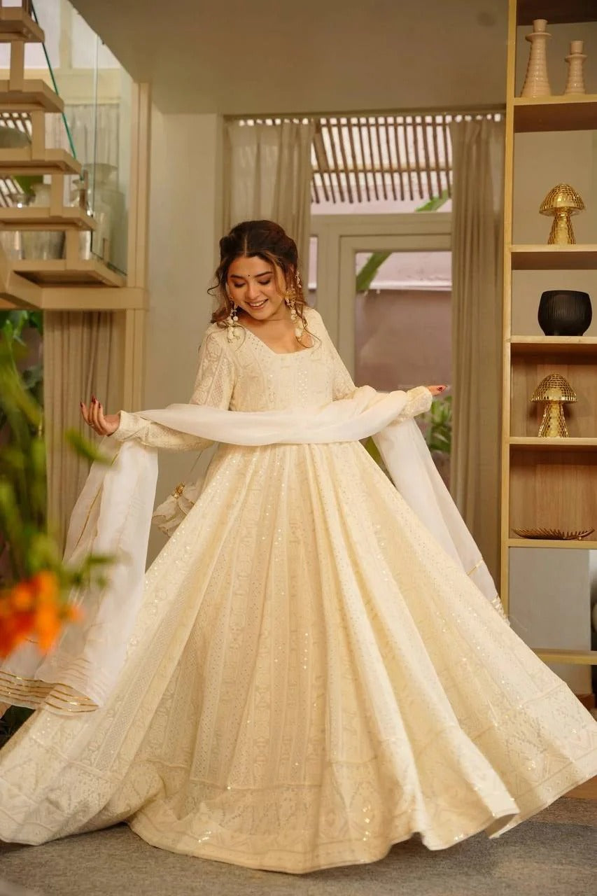 elegant ivory wedding wear heavy embroidered anarkali suit