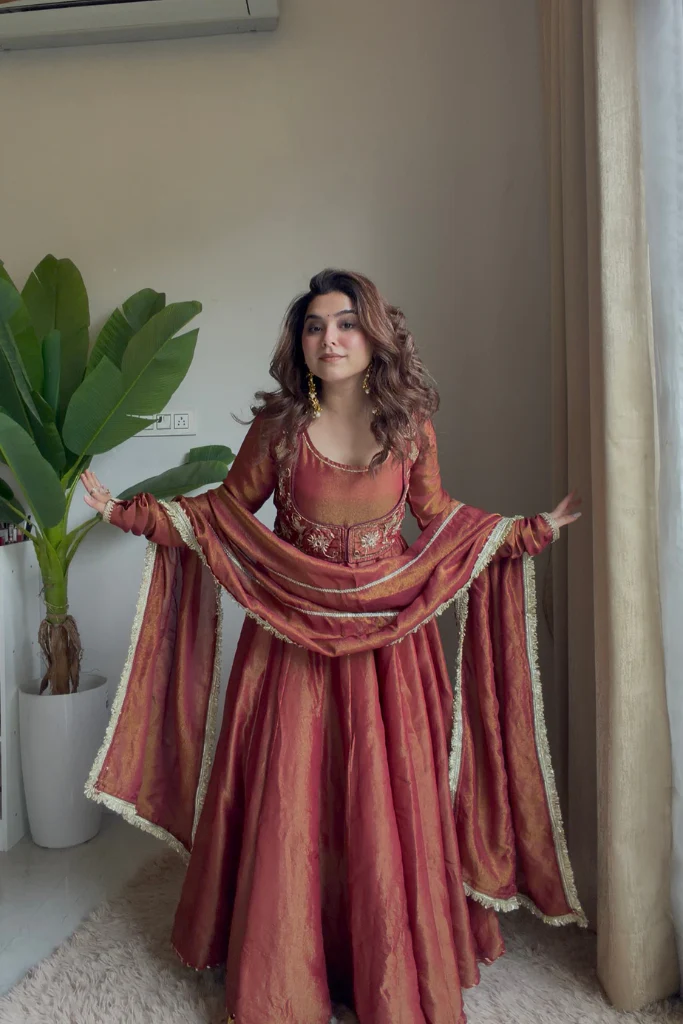 noor rust embroidered anarkali set