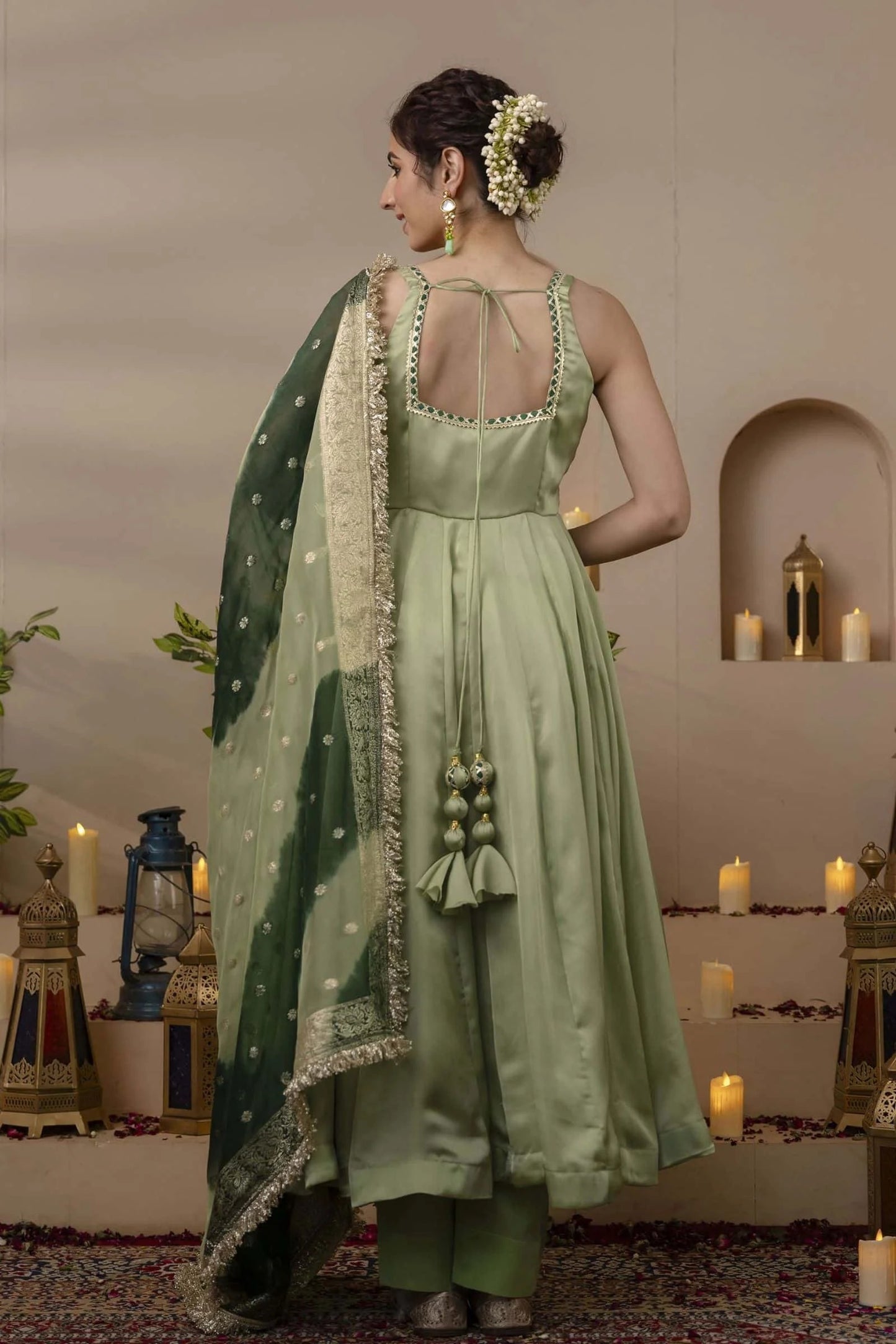 pastel green flared anarkali with designer net dupatta