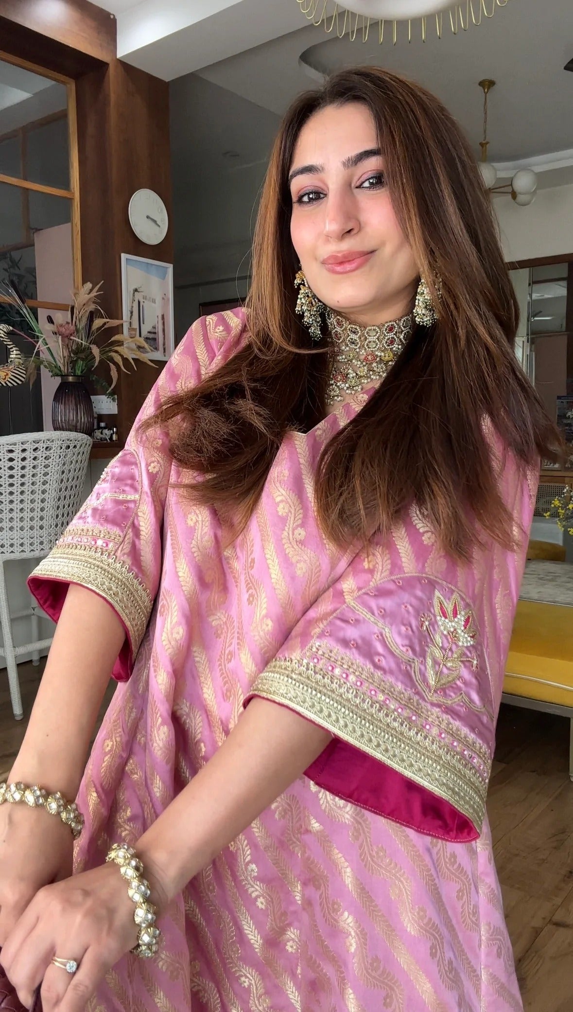 pink jacquard muslin handwork kurta set with viscose muslin bottom