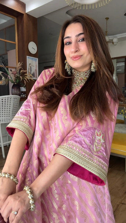 Pink Jacquard Muslin Handwork Kurta Set with Viscose Muslin Bottom