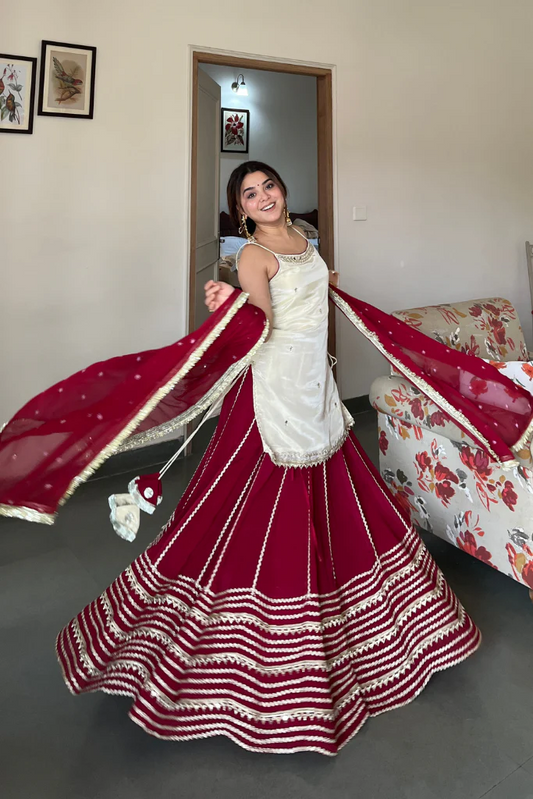 Elegant Ruby Red Sharara Suit Set with Ivory Embroidered Kurti